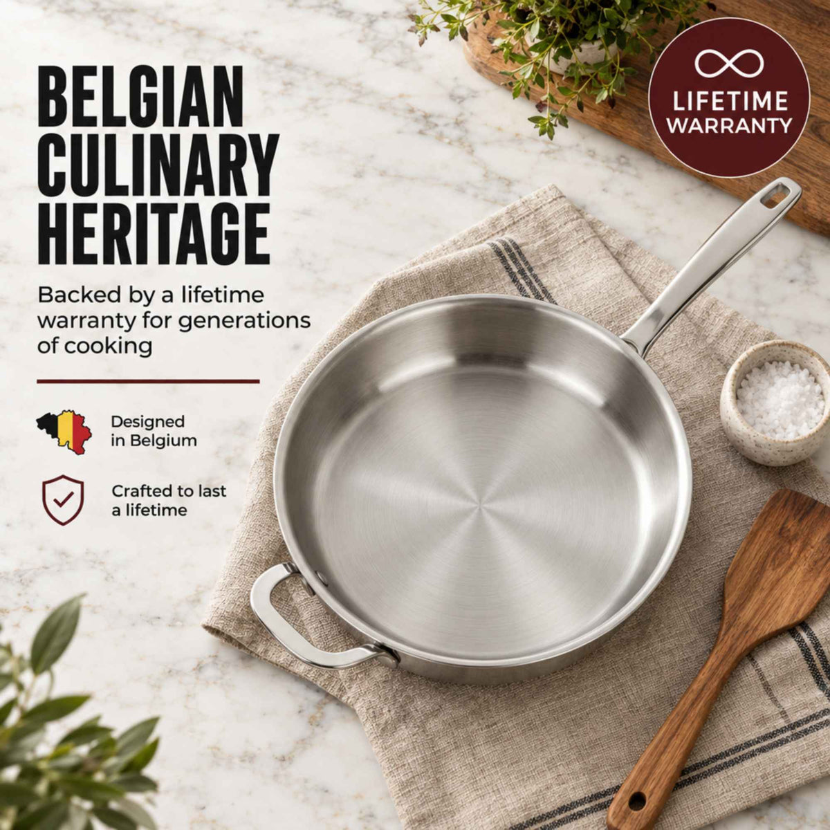 Alva Cookware 5-Ply stainless steel frying pan with a black handle, shown on a stovetop ready for cooking.