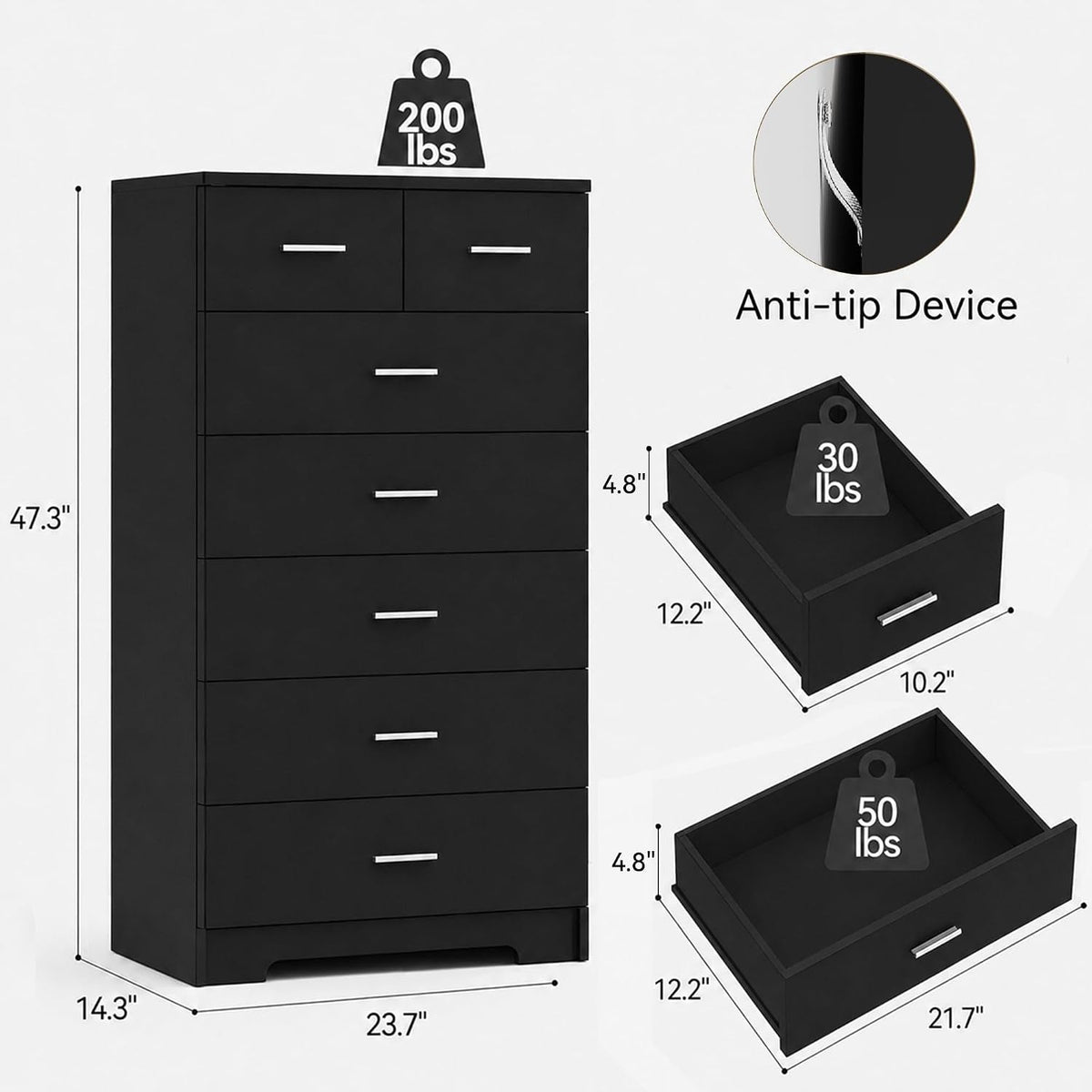 47.3" Tall Dresser with Charging Station Wooden 7 Drawer Dressers for Bedroom Chest of Drawers