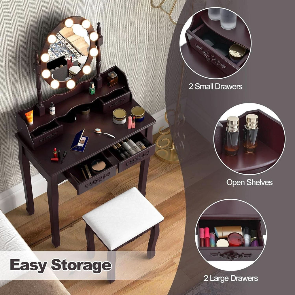 Espresso Vanity Table With Illuminated Mirror Light