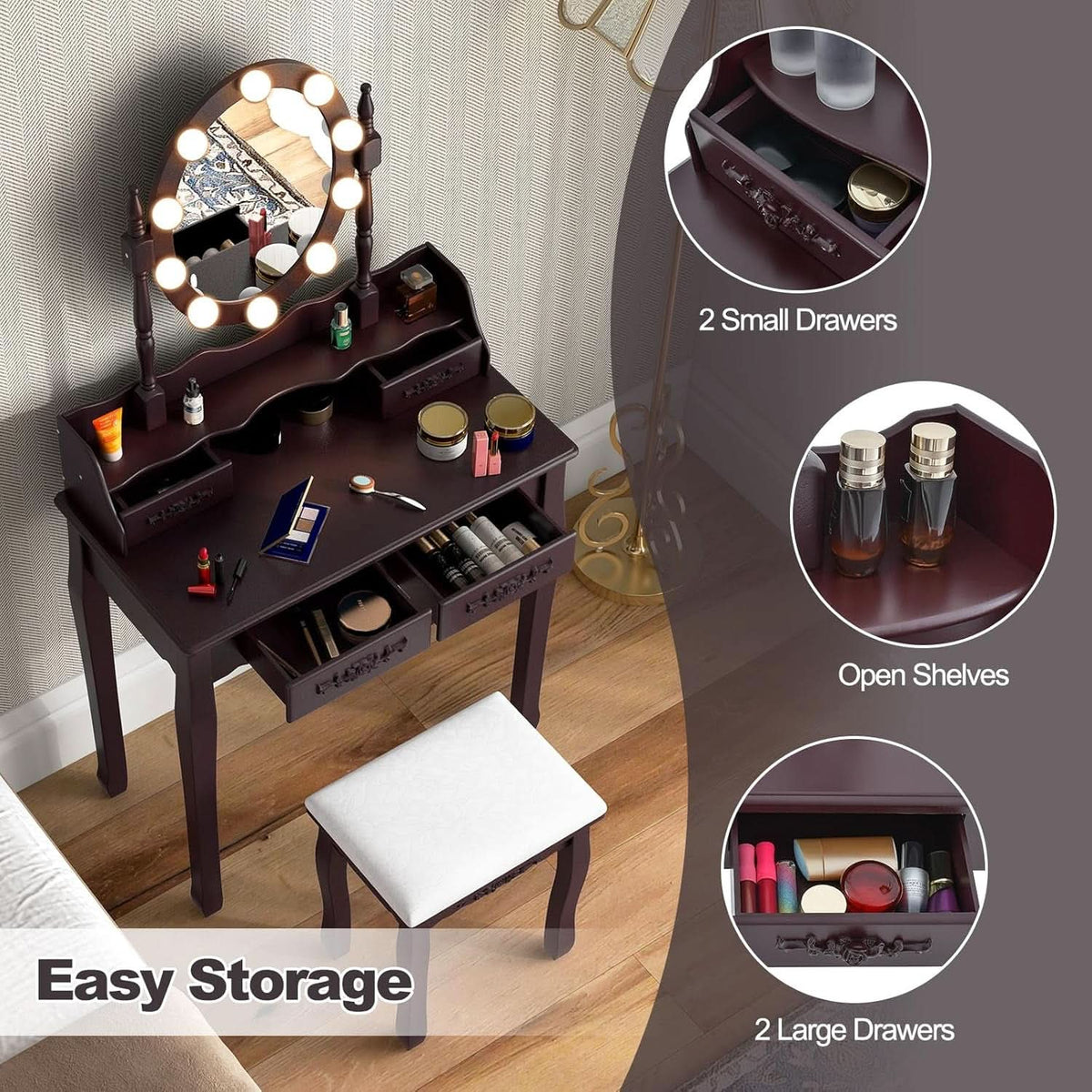 Espresso Vanity Table With Illuminated Mirror Light