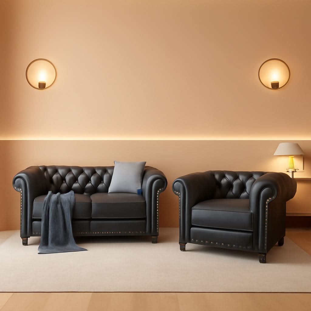 Sectional PU Leather Modular Sofa Couches, Black Tufted Cushions