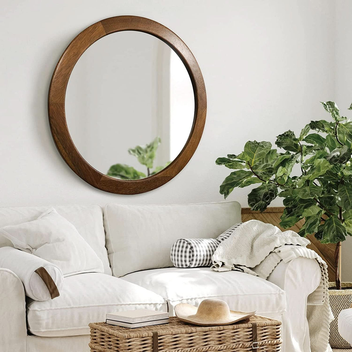 Walnut Frame Rustic Wooden Wall Mirror Bedroom Decor