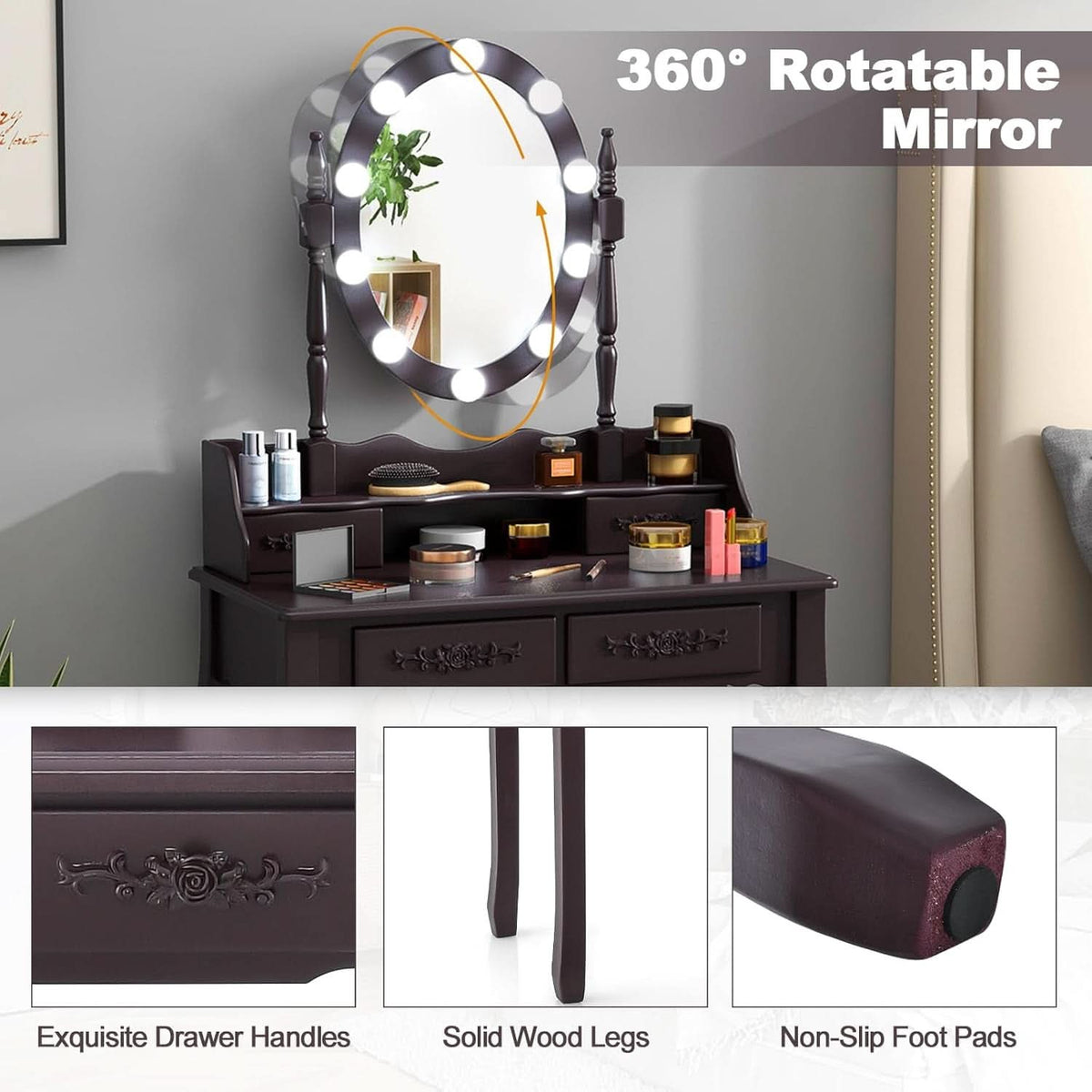Espresso Vanity Table With Illuminated Mirror Light