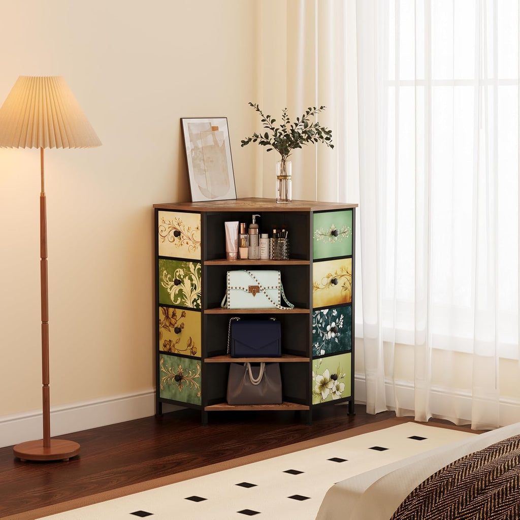 Eight Drawer Corner Dresser With Durable Fabric Drawers