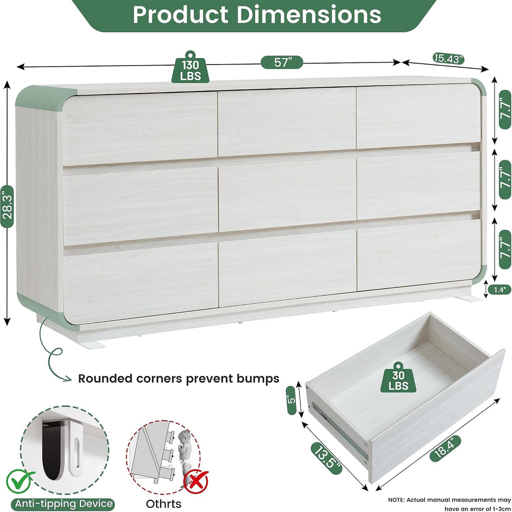 White Dressers of 9 Drawers, Chest Dresser with Deep Drawers, Modern Dresser Closet for Bedroom