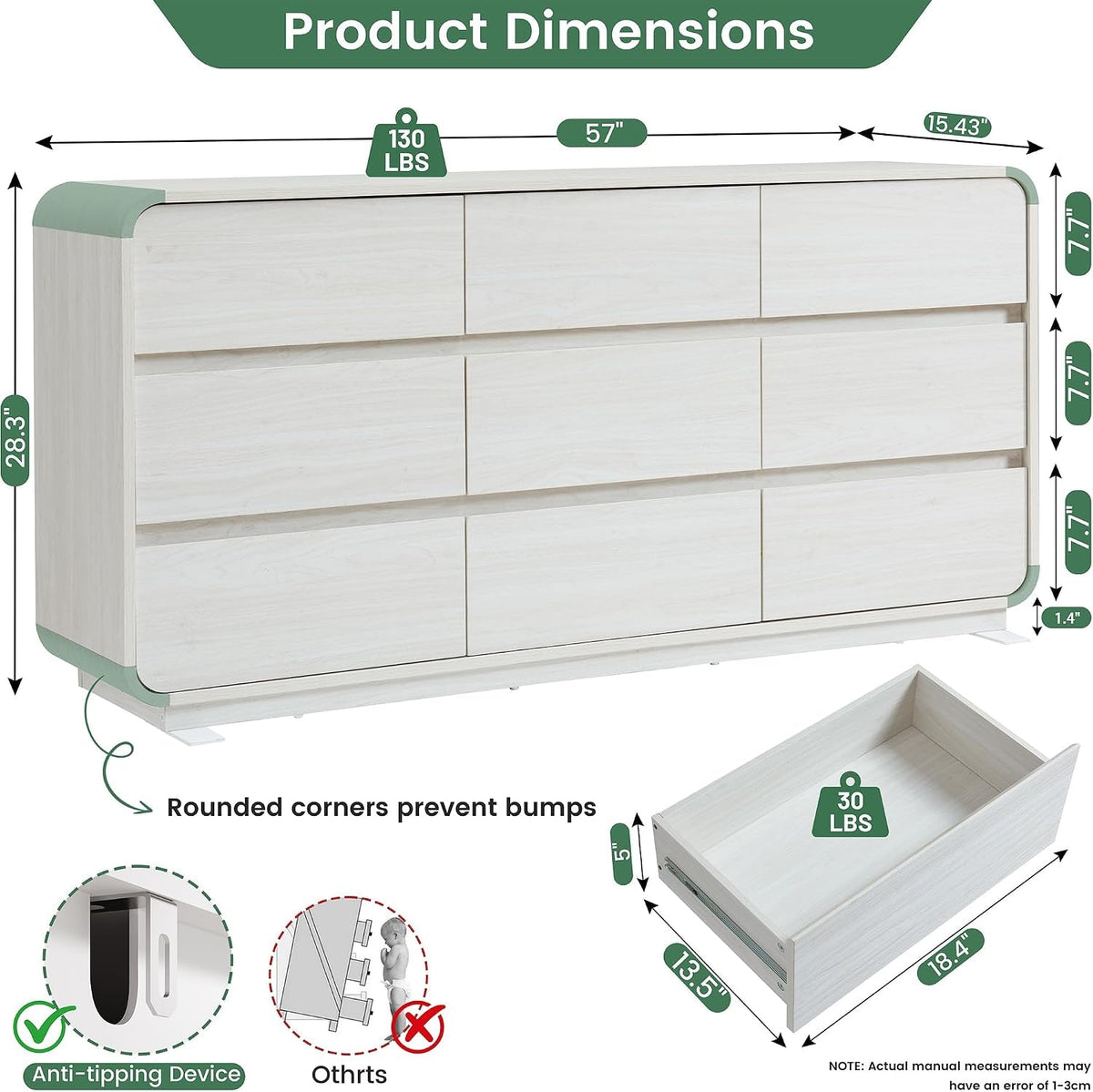 White Dressers of 9 Drawers, Chest Dresser with Deep Drawers, Modern Dresser Closet for Bedroom