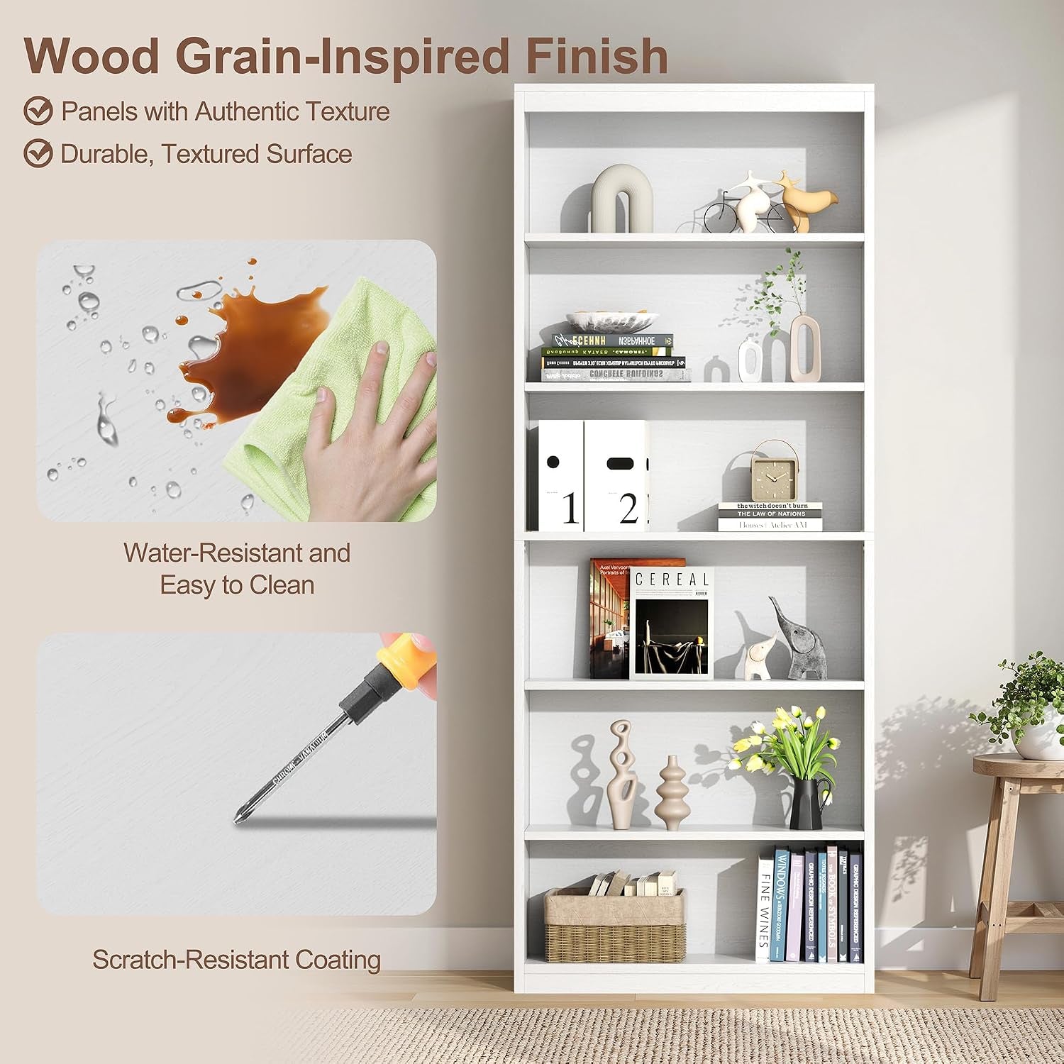 White Six Tier Modern Bookshelf Contemporary Home Storage Rack