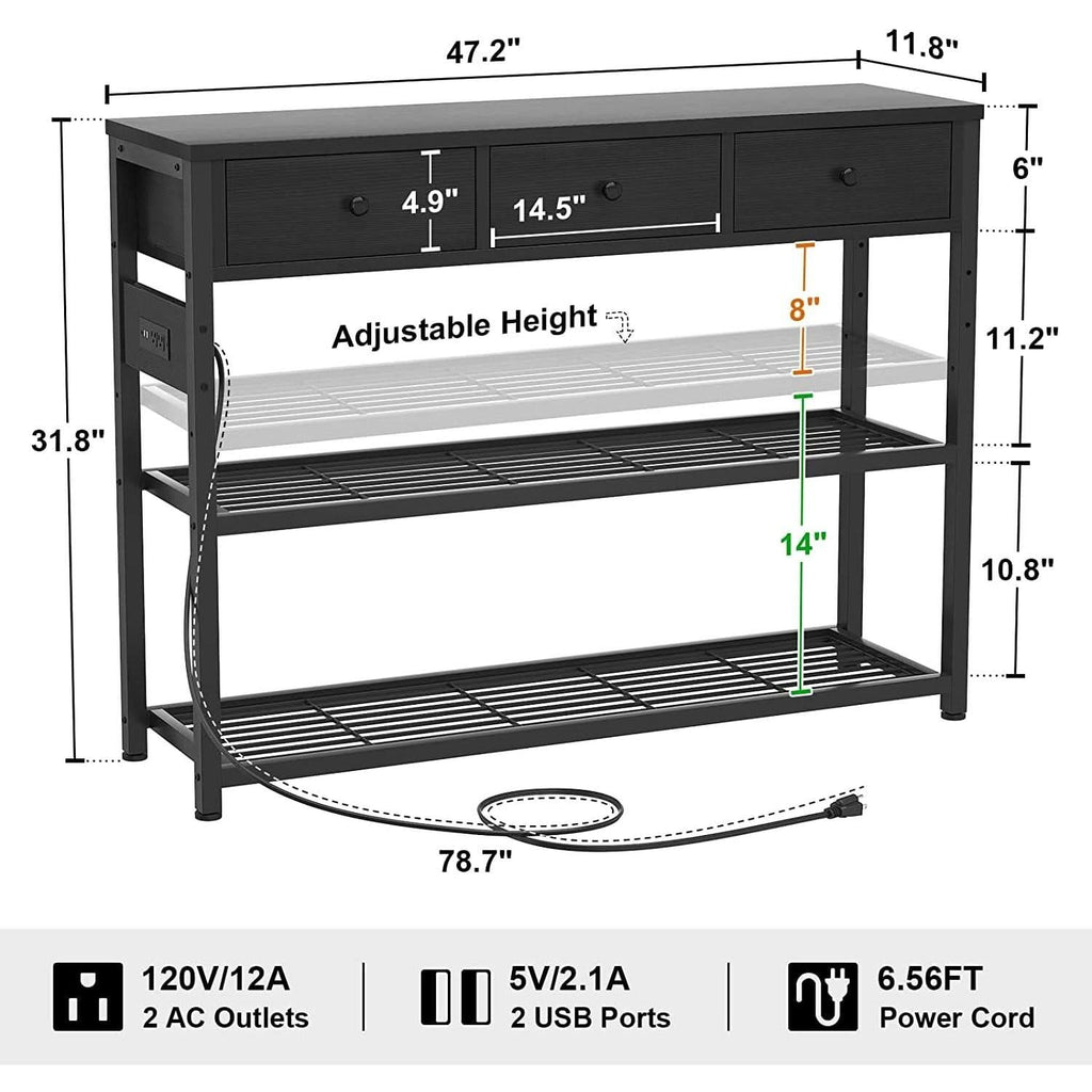 Black Console Table With USB Ports And Outlets For Living Room