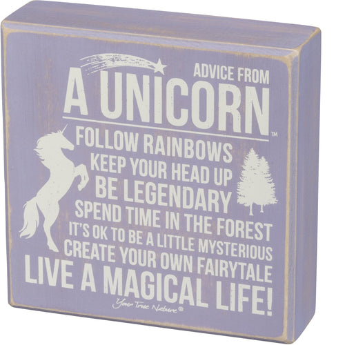Advice From Unicorn Wooden Box Sign | Purple with White Lettering 6" x 6" (Decor) - view 2