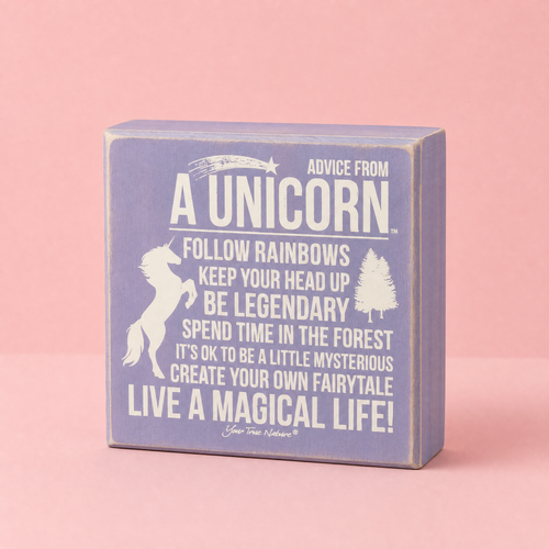 Advice From Unicorn Wooden Box Sign | Purple with White Lettering 6" x 6" (Decor) product photo