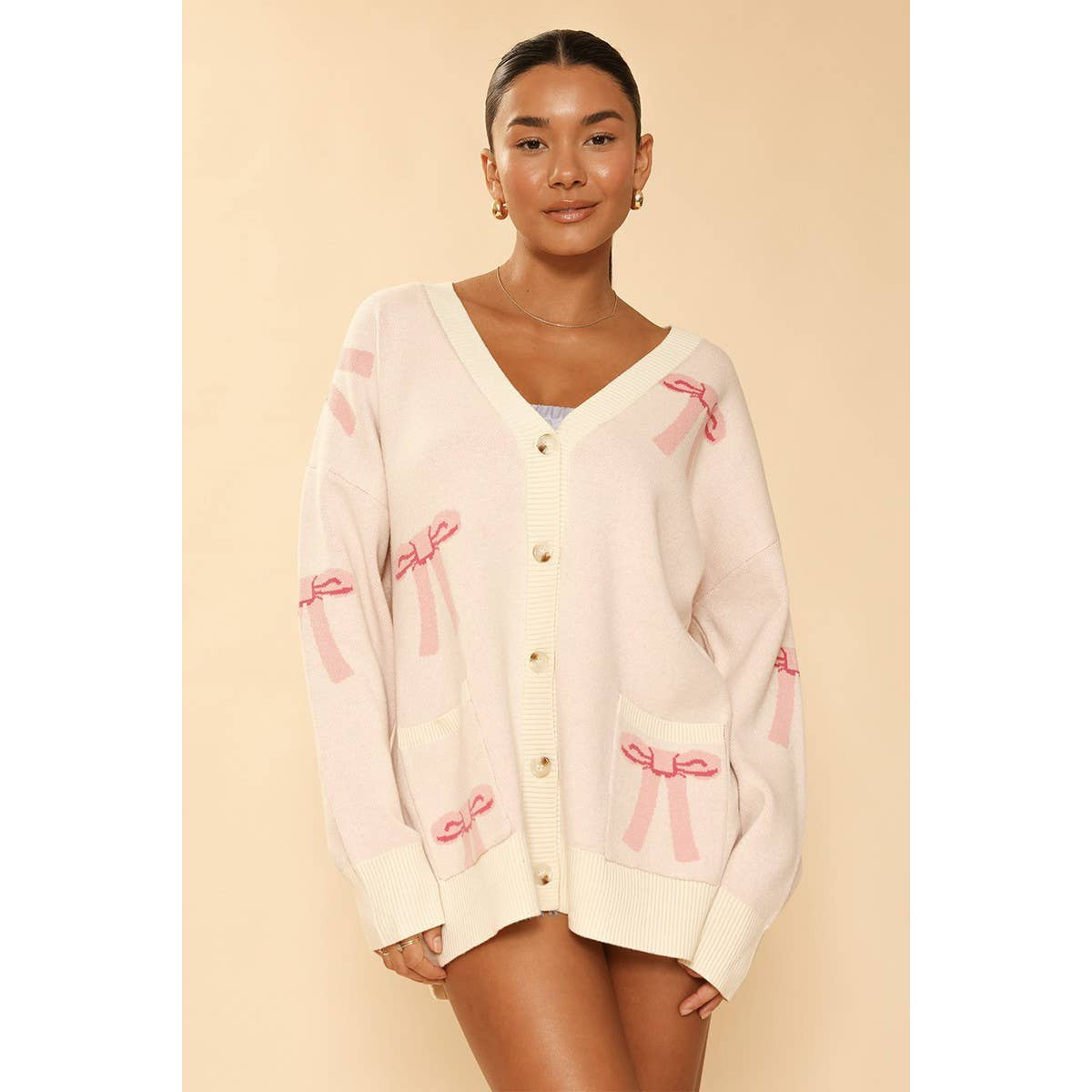 All Over Coquette Bow Knit Cardigan in Blue or Pink [Size Options: SM-XL] (Apparel) - view 5