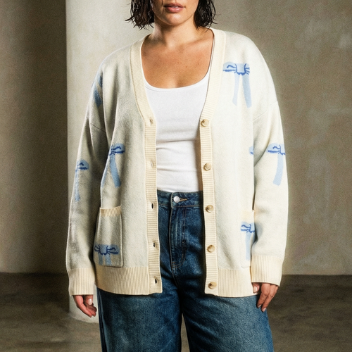 All Over Coquette Bow Knit Cardigan in Blue or Pink [Size Options: SM-XL] (Apparel) product photo