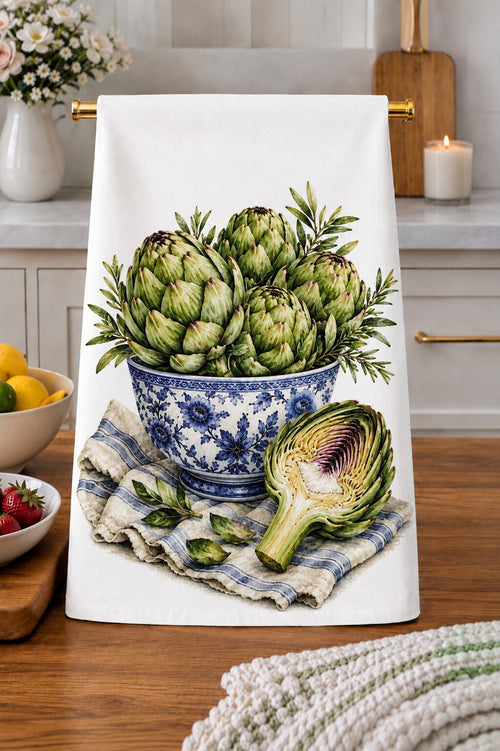 Artichokes in a Blue and White Chinoiserie Bowl Kitchen Towel (Textiles) product photo