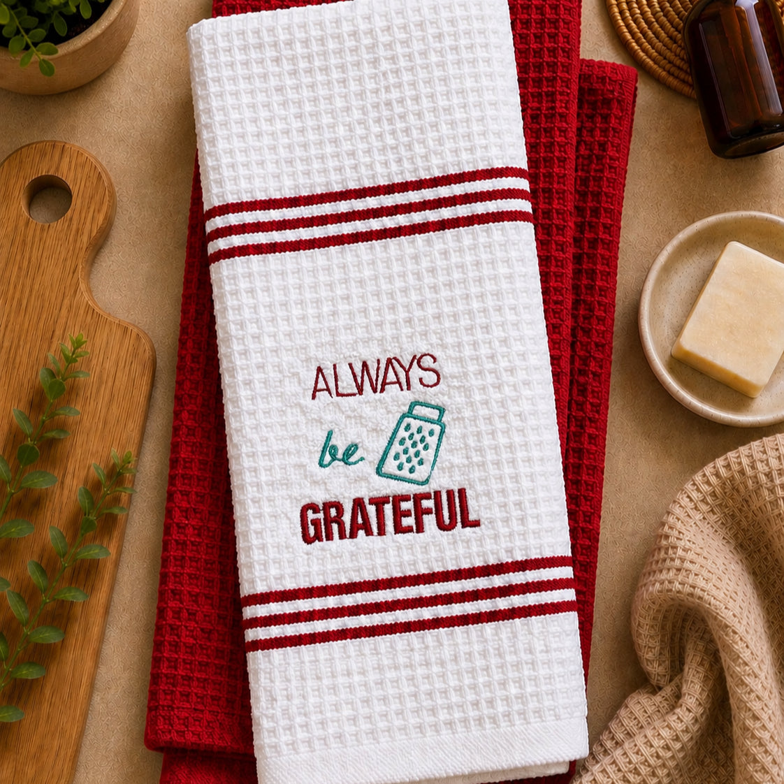 Set of embroidered kitchen towels from PressMark Studio with "Always Be Grateful" design, featuring soft fabric and decorative stitching.