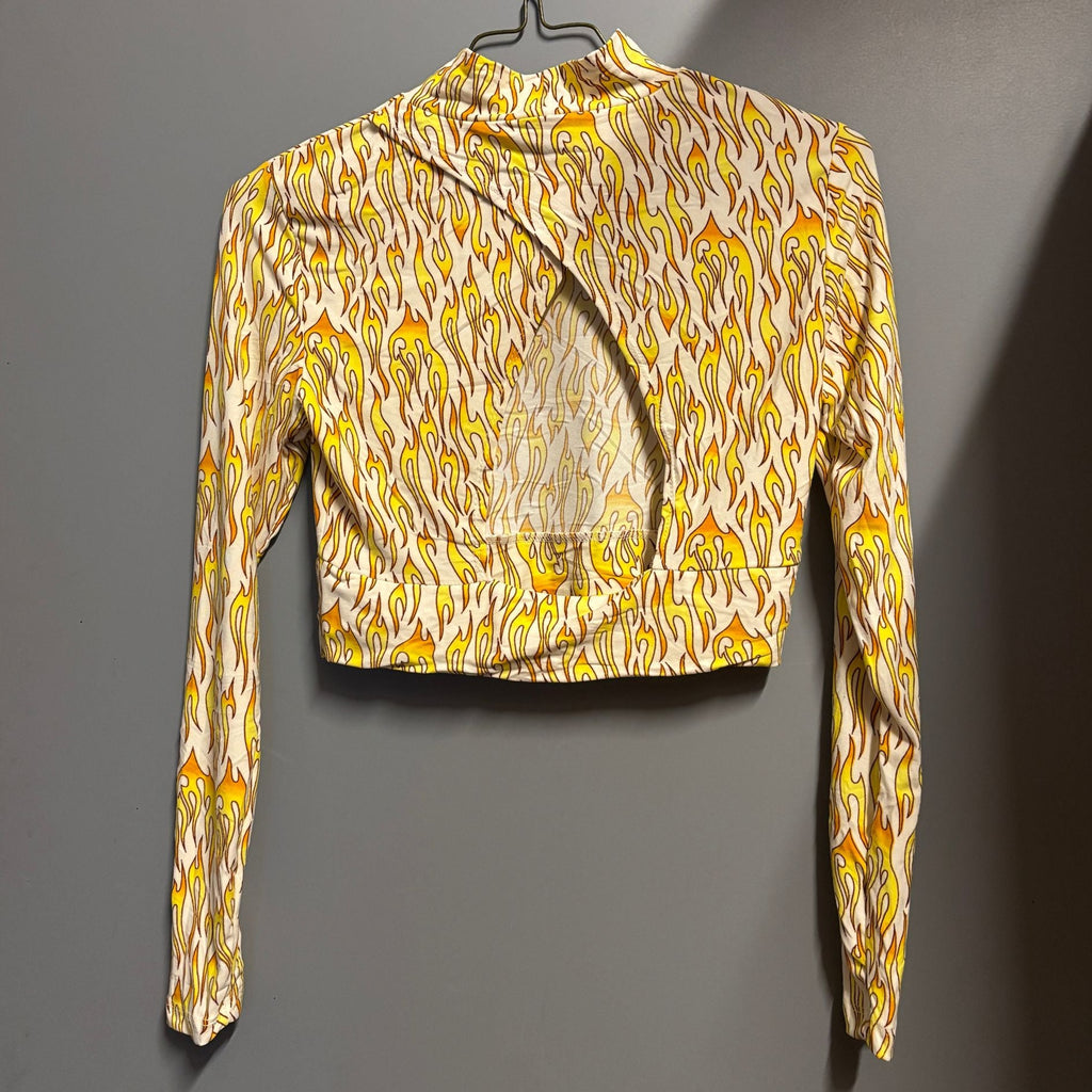 Biker Flame Mock Neck Long Sleeve Crop Top | Bold Printed Fitted Top [Sizes S–XL]