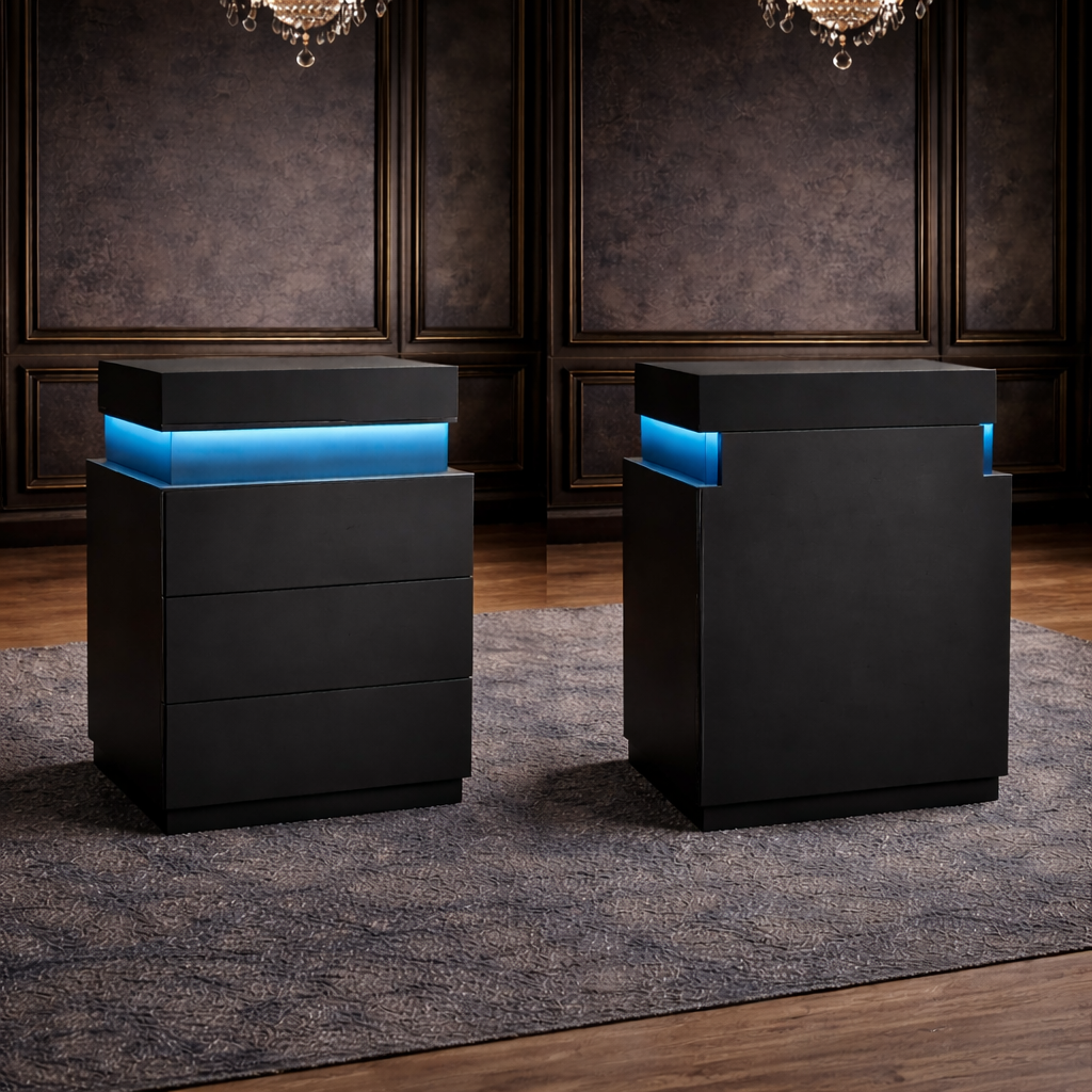 Queen Black Upholstered Platform Bed LED Nightstands