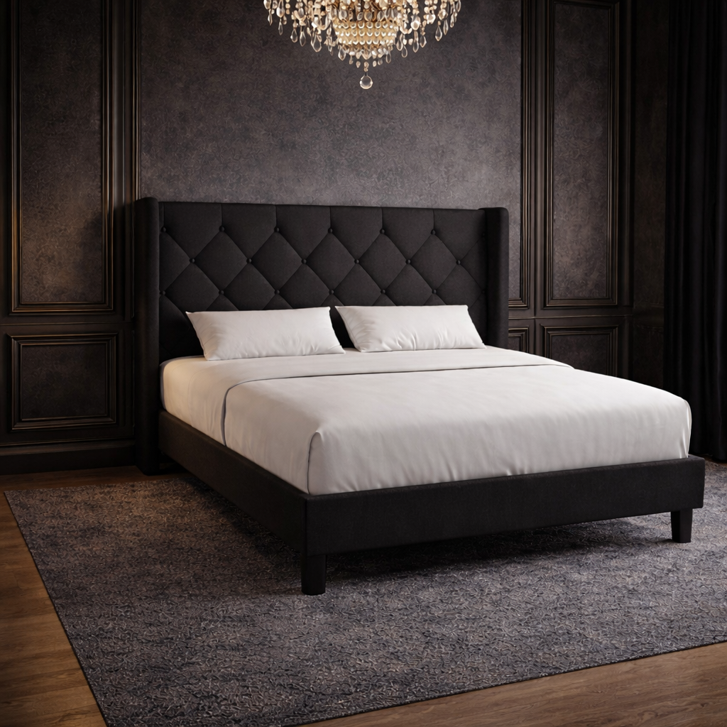 Queen Black Upholstered Platform Bed LED Nightstands