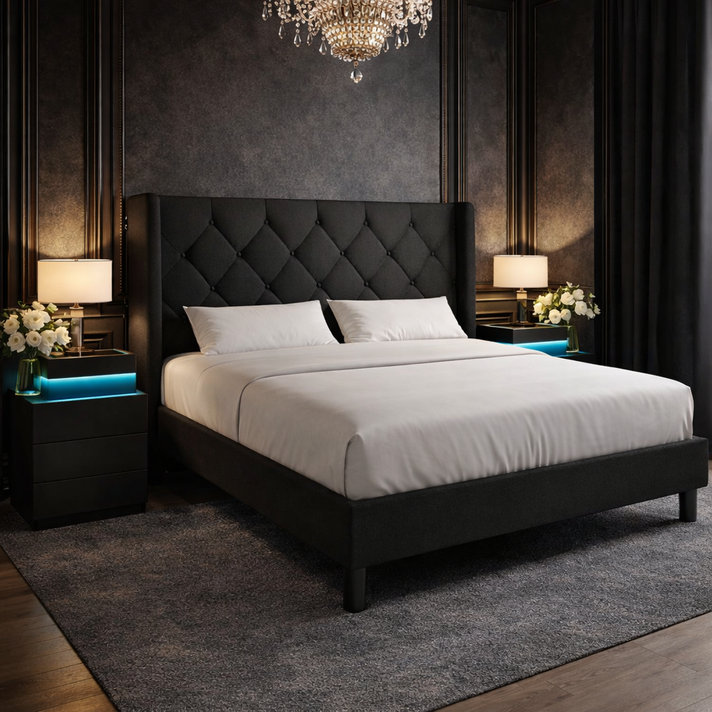Queen Black Upholstered Platform Bed LED Nightstands