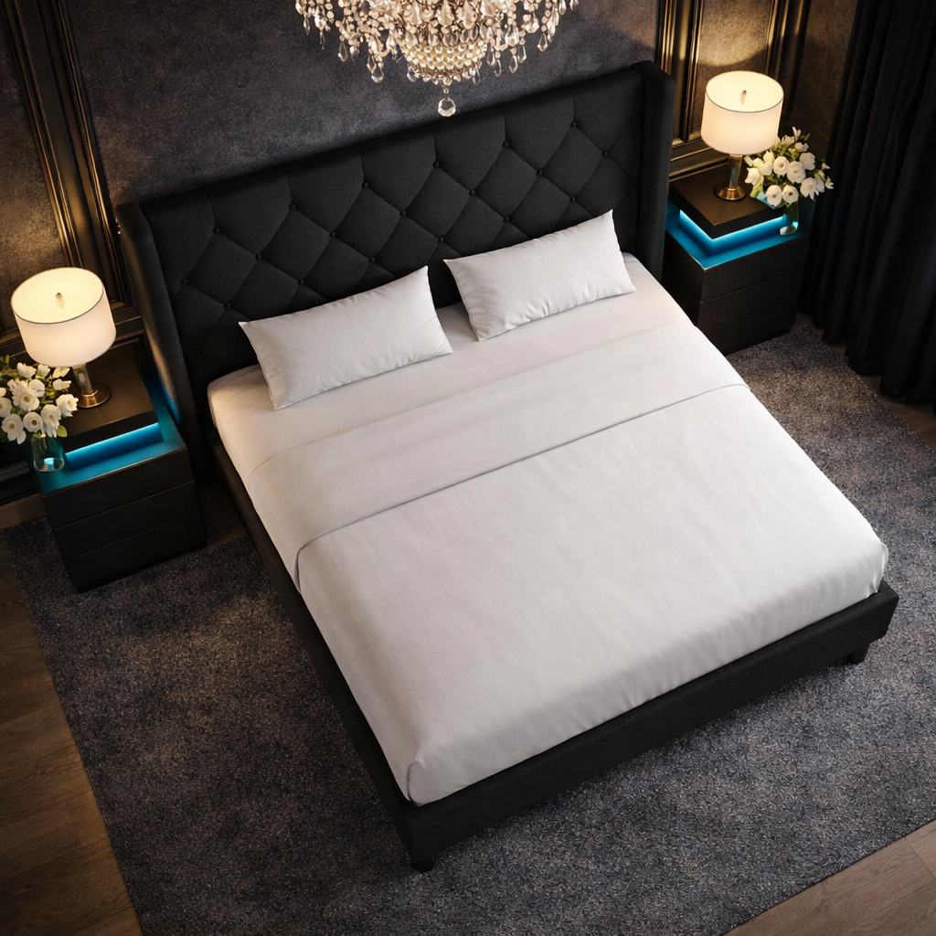 Queen Black Upholstered Platform Bed LED Nightstands