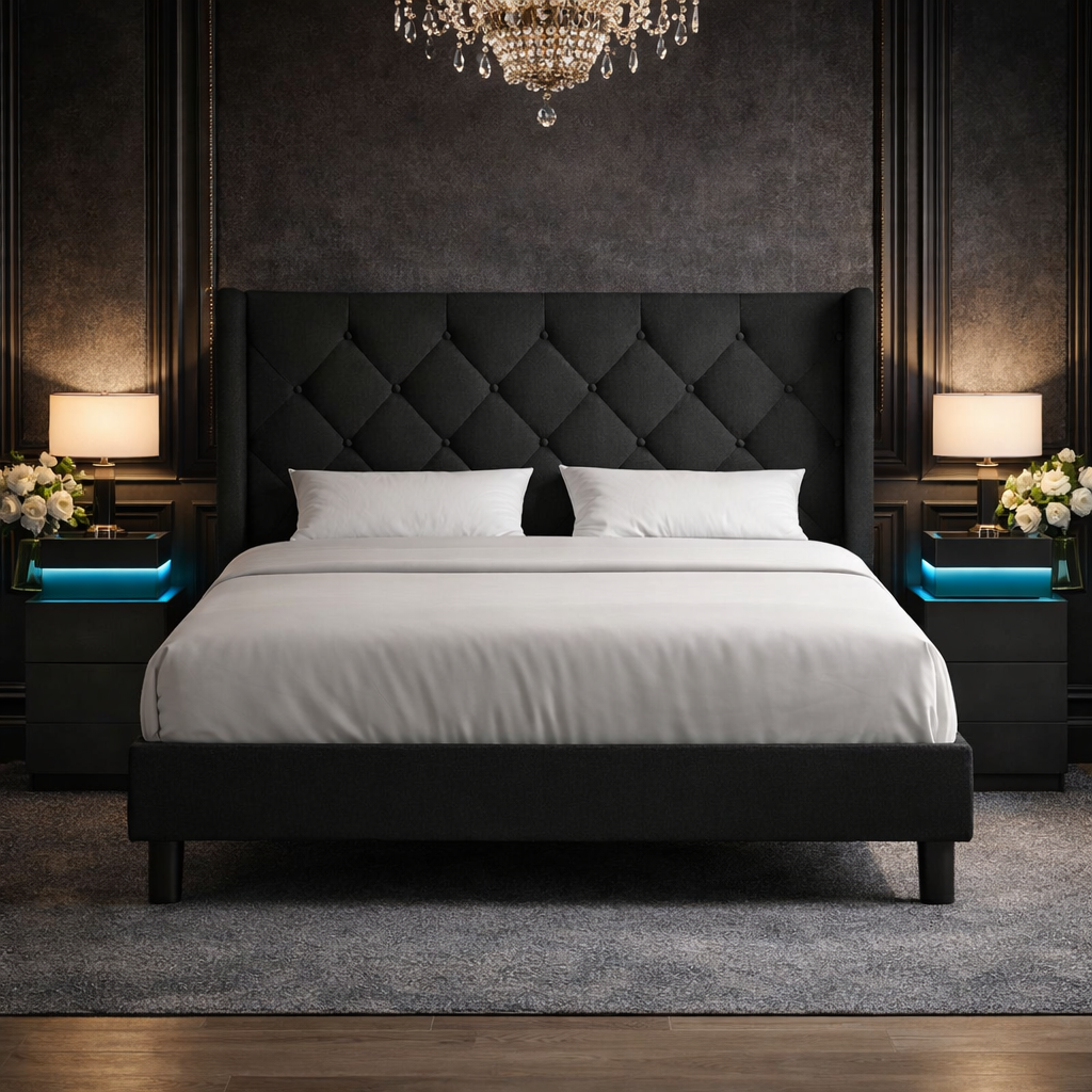 Queen Black Upholstered Platform Bed LED Nightstands