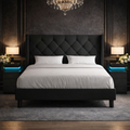 Queen Black Upholstered Platform Bed LED Nightstands