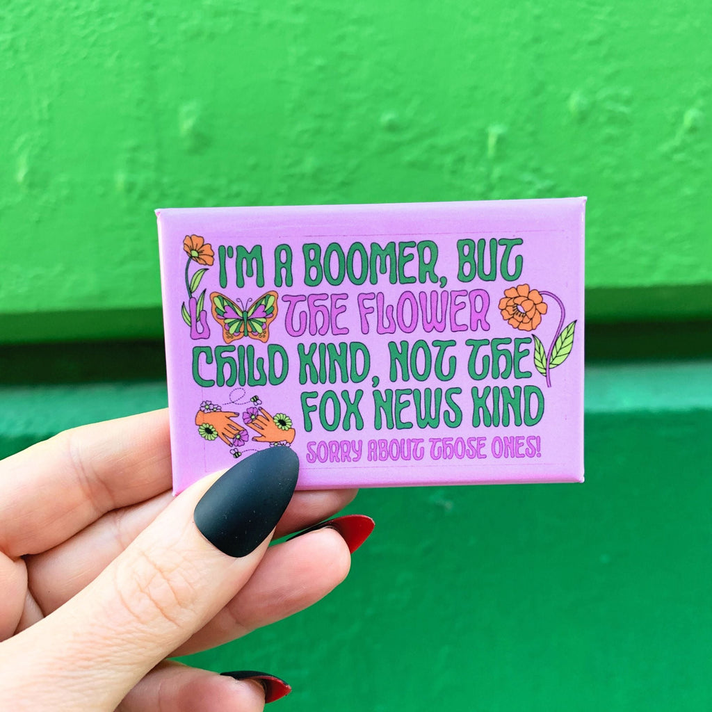 Boomer But Not the Fox News Kind Tote Bag and Magnet Bundle | Canvas Tote and Glossy Refrigerator Magnet