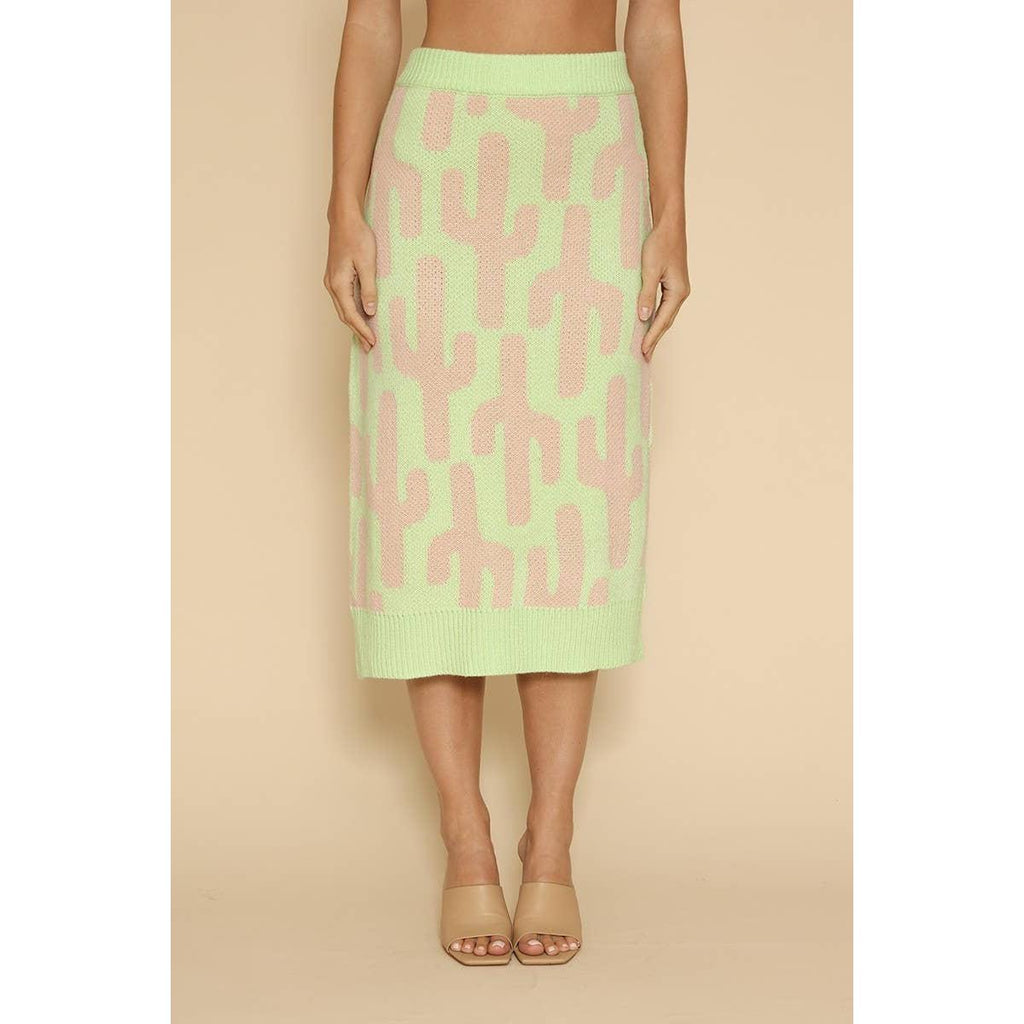 Cactus Knit Midi Skirt | Green Intarsia Cactus Sweater Skirt | Boho Desert Knit Skirt