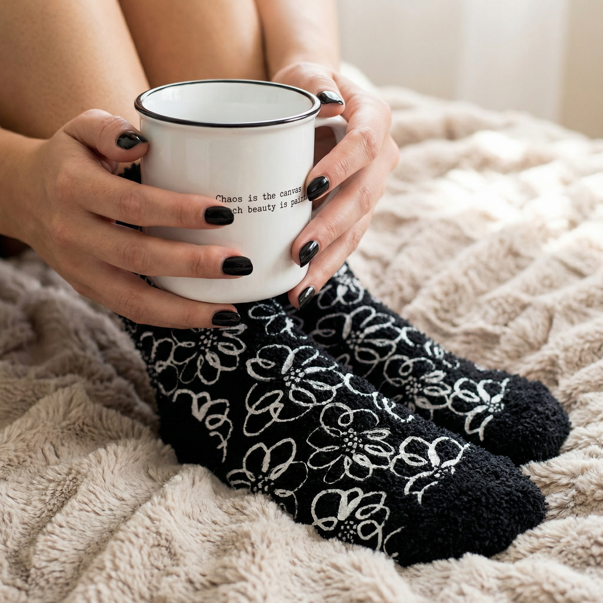 Chaos is the Canvas Mug & Sock Gift Set in Black and White