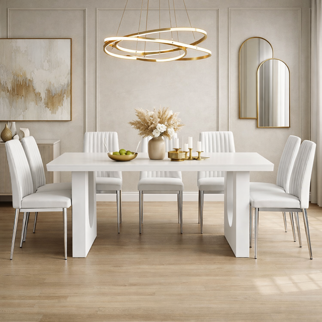 71 Inch Modern Dining Table Set with 6 PU Leather Chairs White Dining Room Set