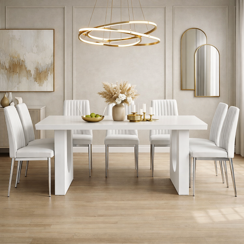 Modern 71-inch white dining table with six high-back PU leather chairs, featuring chrome legs and a streamlined design.