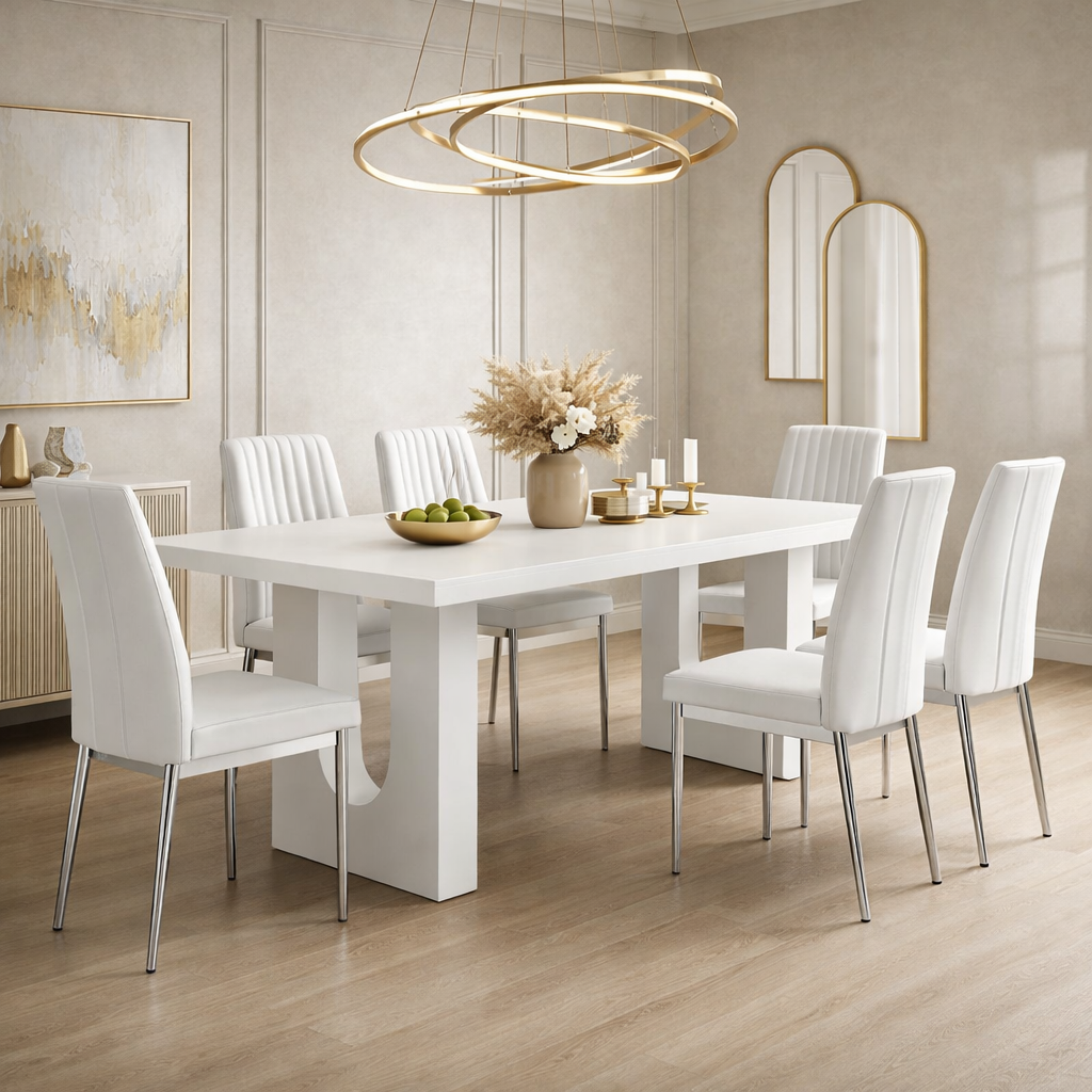 71 Inch Modern Dining Table Set with 6 PU Leather Chairs White Dining Room Set