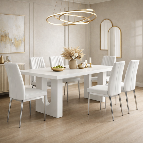 Modern white dining table set with six high-backed PU leather chairs, featuring a sleek rectangular design and chrome legs.