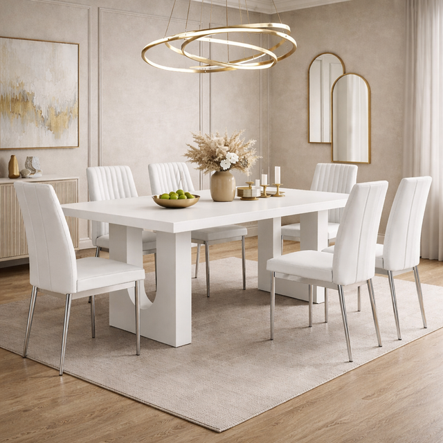 71 Inch Modern Dining Table Set with 6 PU Leather Chairs White Dining Room Set