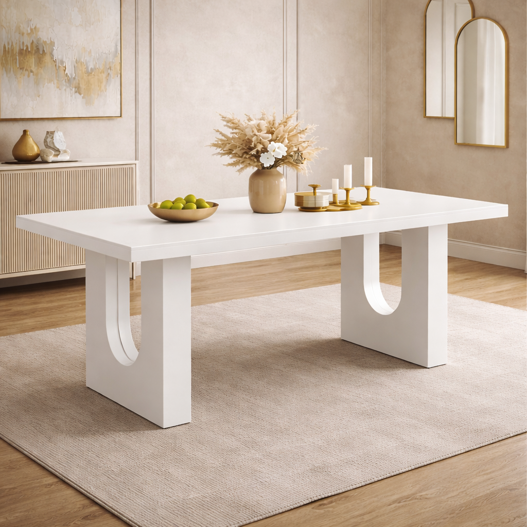 71 Inch Modern Dining Table Set with 6 PU Leather Chairs White Dining Room Set