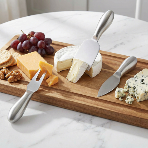 Three-piece cheese knife set by The Bullish Store in book-style gift box, featuring gourmet cheese knives for serving and slicing.