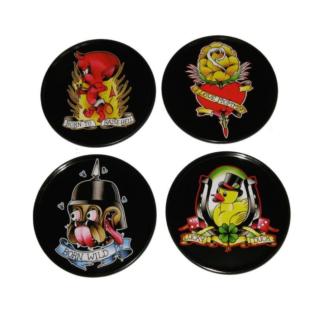 Classic Tattoo Coaster Set | Metal & Cork Retro Round Coasters in Gift Tin