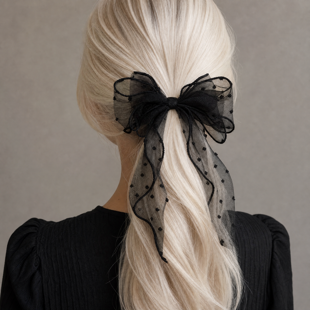 Delicate Black Dot Hair Bow with Hair Elastic