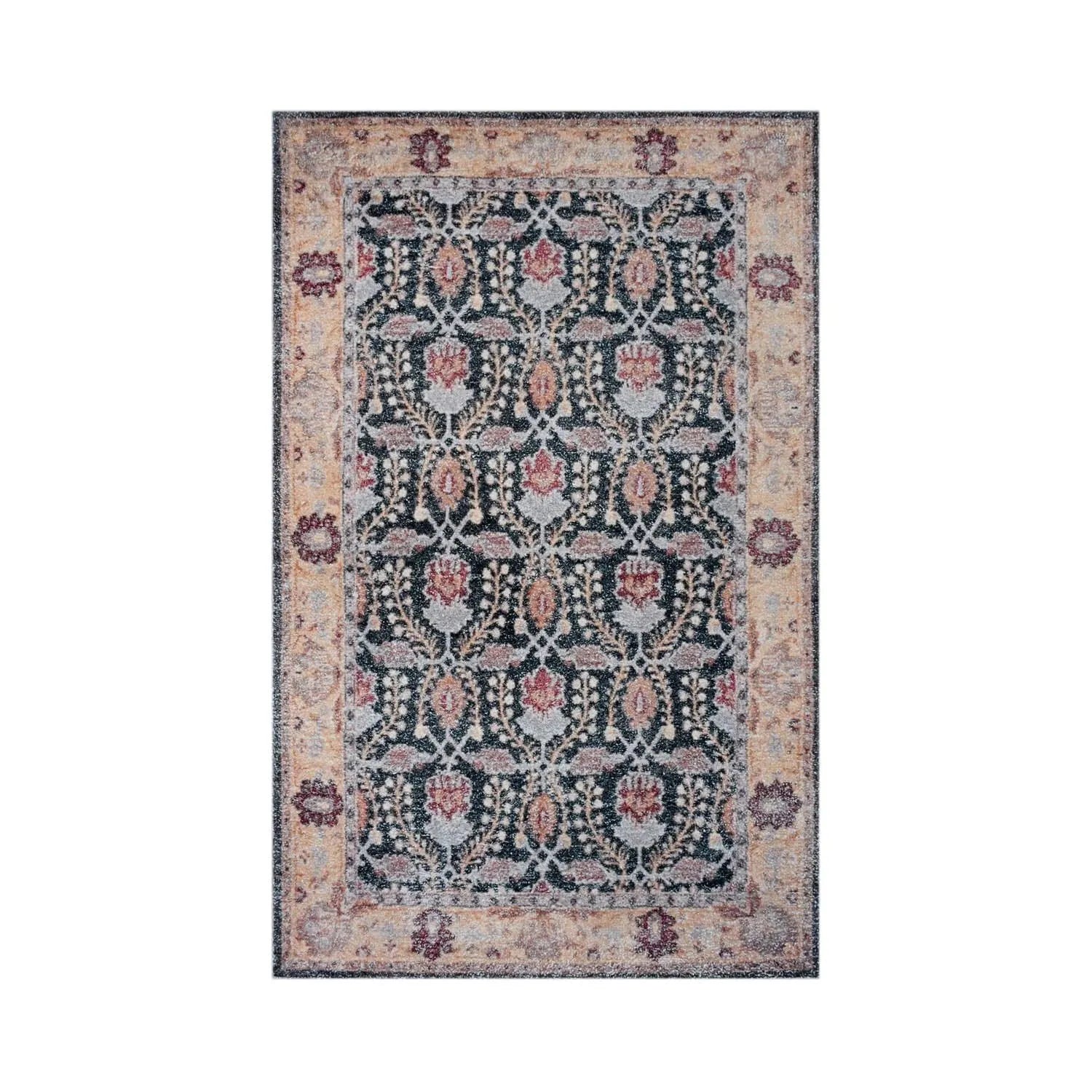 Multi Sizes Micro Printed Hand Woven Polyester Oriental Area Rug Charcoal, Peach Color