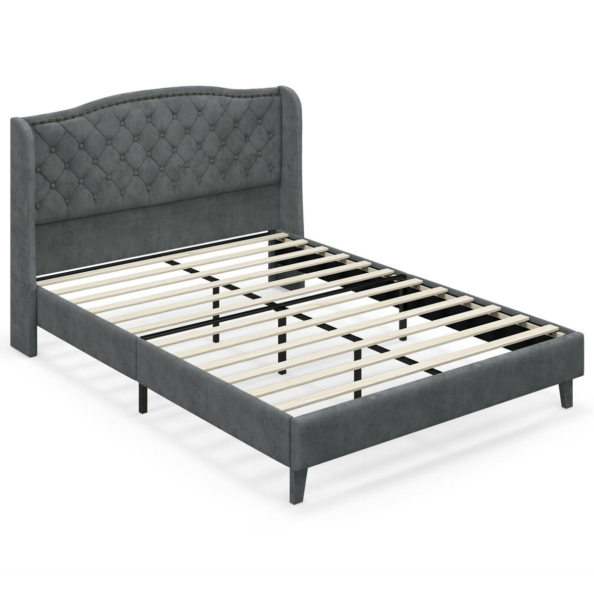 Full size upholstered platform bed frame with button tufted headboard from DirectDeals, showcasing its fabric-covered headboard and sleek design.