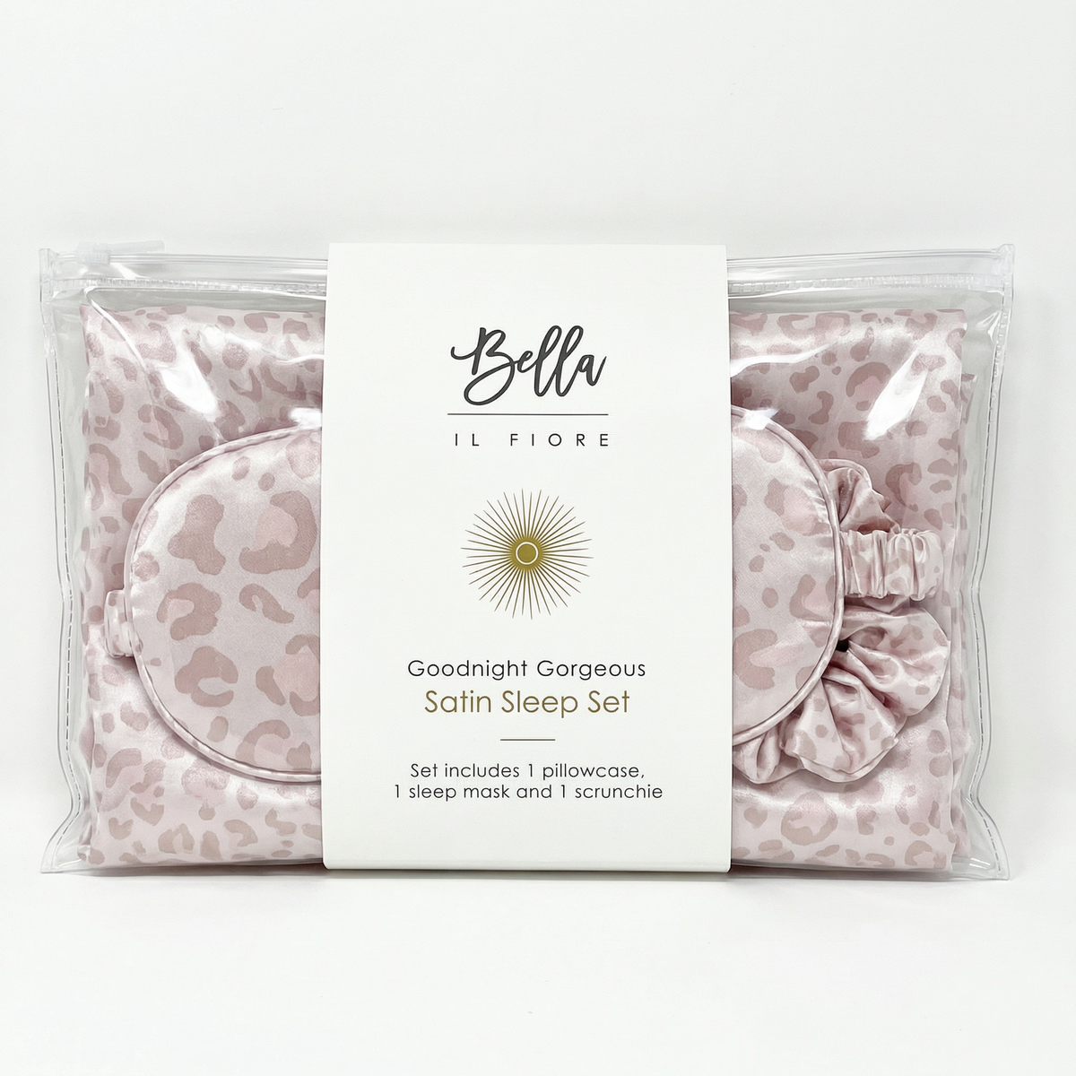 Giftable Leopard Goodnight Gorgeous Satin Sleep Set [Includes Pillowcase, Sleep Mask + Scrunchie]