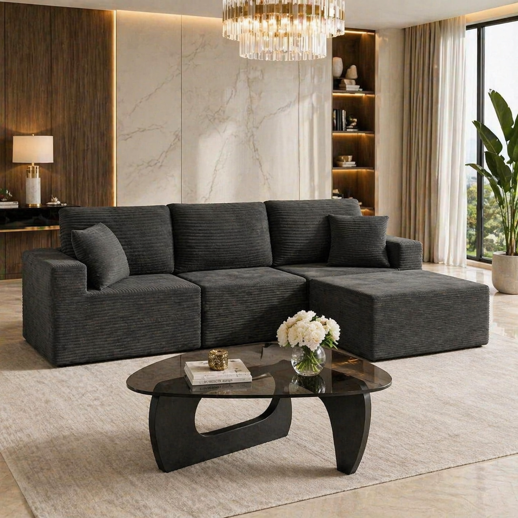 Modern Black L-Shaped Cloud Sectional Sofa with Glass Coffee Table Living Room Set