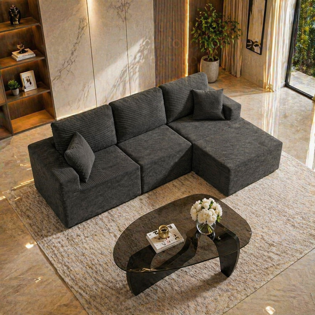 Modern Black L-Shaped Cloud Sectional Sofa with Glass Coffee Table Living Room Set