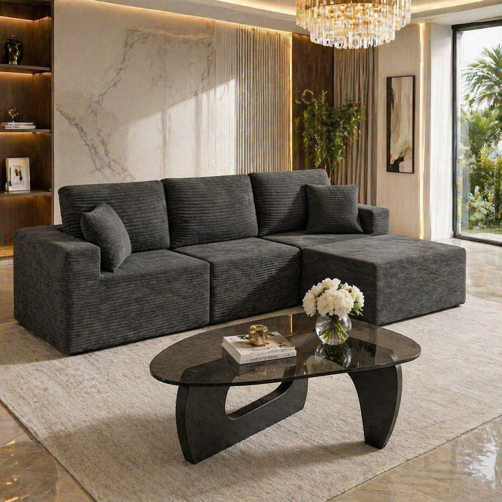 Modern Black L-Shaped Cloud Sectional Sofa with Glass Coffee Table Living Room Set