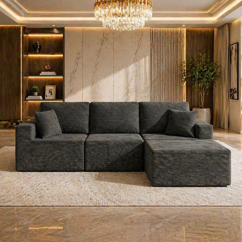 Modern Black L-Shaped Cloud Sectional Sofa with Glass Coffee Table Living Room Set