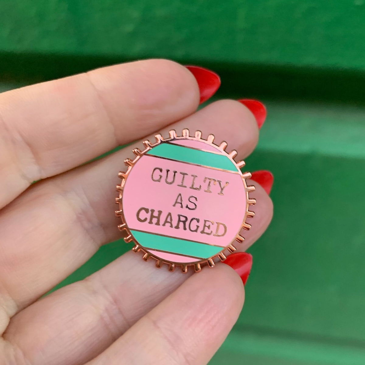 Guilty As Charged Pink and Mint Enamel Pin on Gift Card