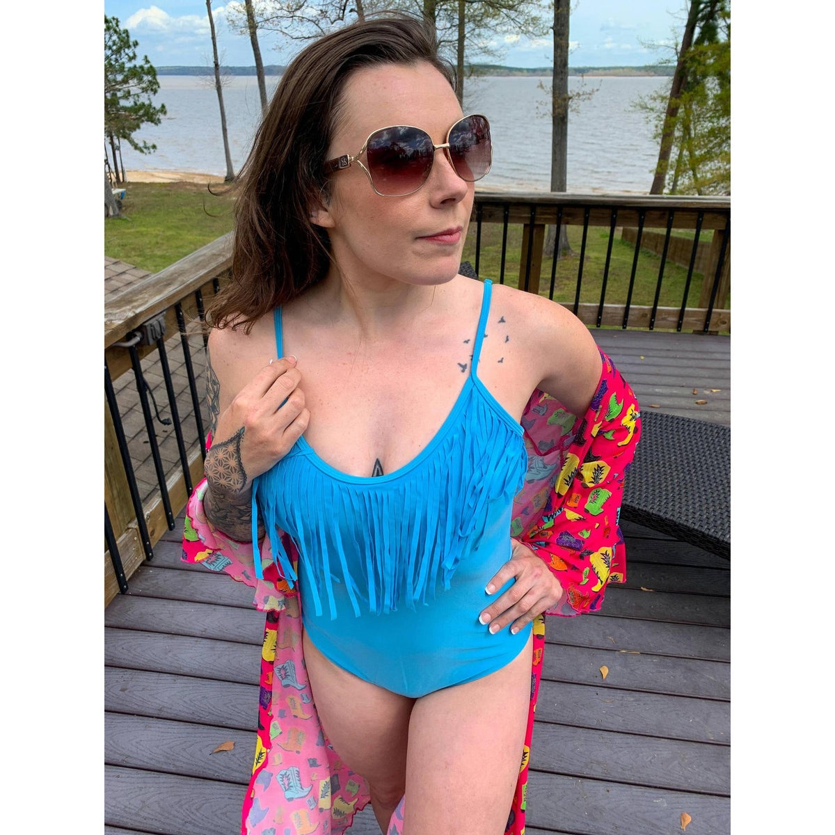 Havasu One Piece Fringe Swimsuit | V Neck Resort Attire in Pink, Jade, Leopard, Serape [Sizes SM-L] (Apparel) - view 5