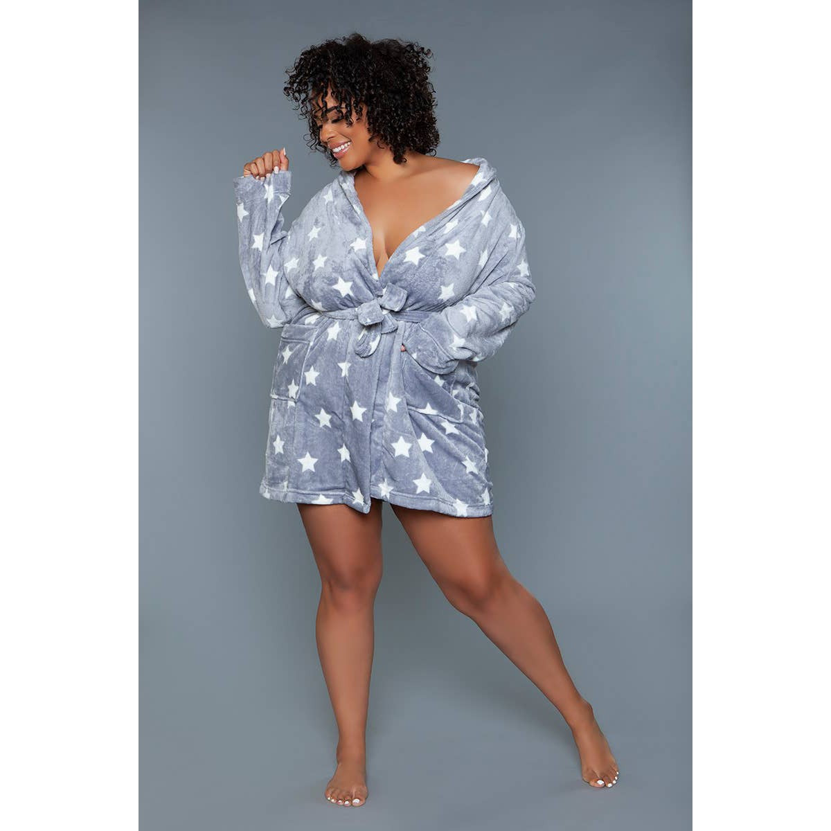 Kaylee Robe in Dark Grey & White Star Print | Giftable Luxurious Ultra Soft [Available in S/M - L/XL] product photo - view 4