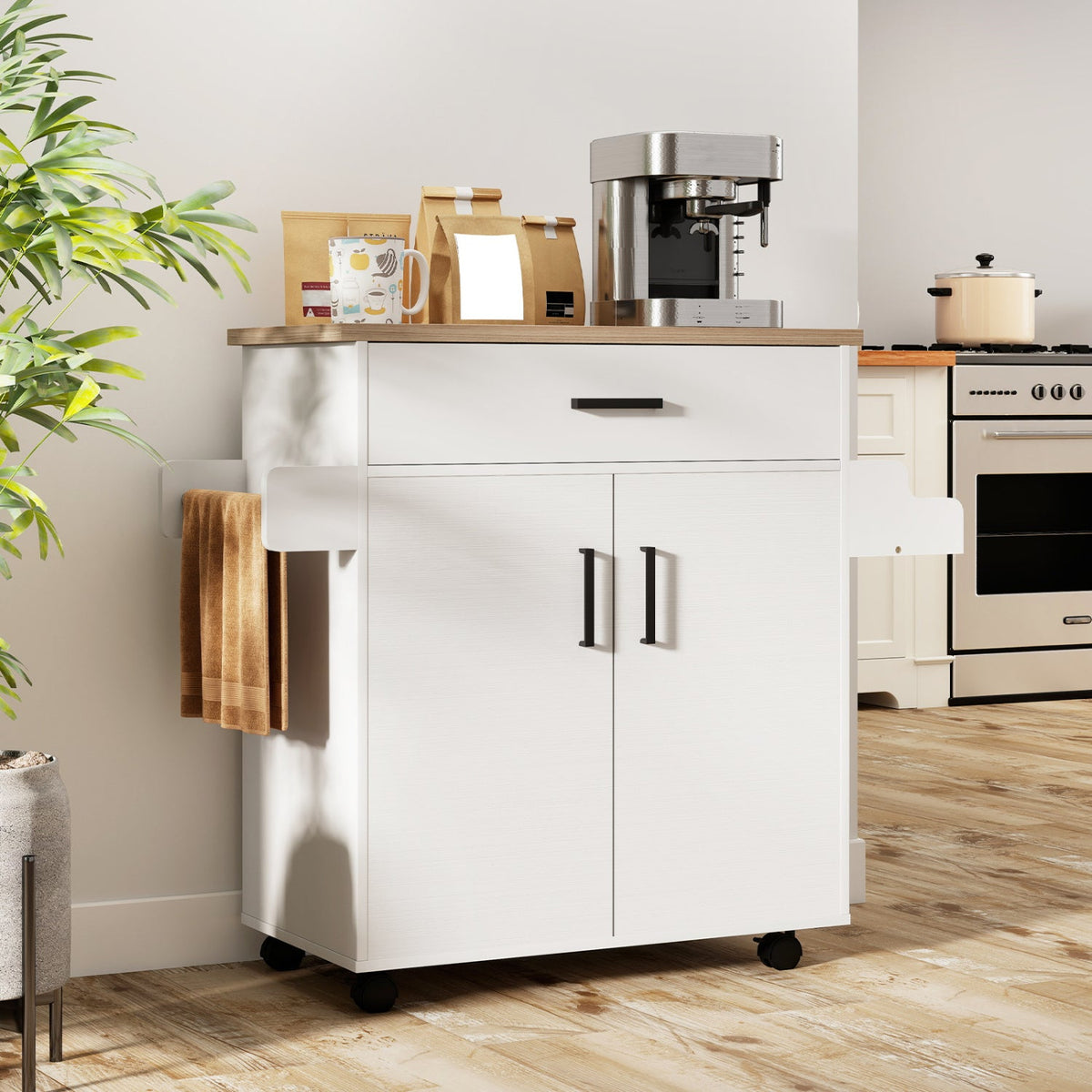 White rolling kitchen island cart with storage and drawer, ideal for kitchen organization and extra workspace.