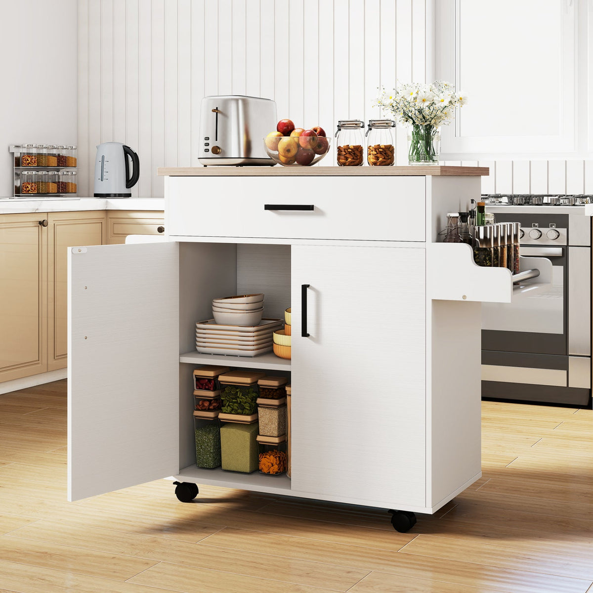 White rolling kitchen island cart with storage drawer and shelves, ideal for kitchen organization and extra workspace.