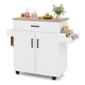 White rolling kitchen island cart with storage and drawer, ideal for kitchen organization and workspace.